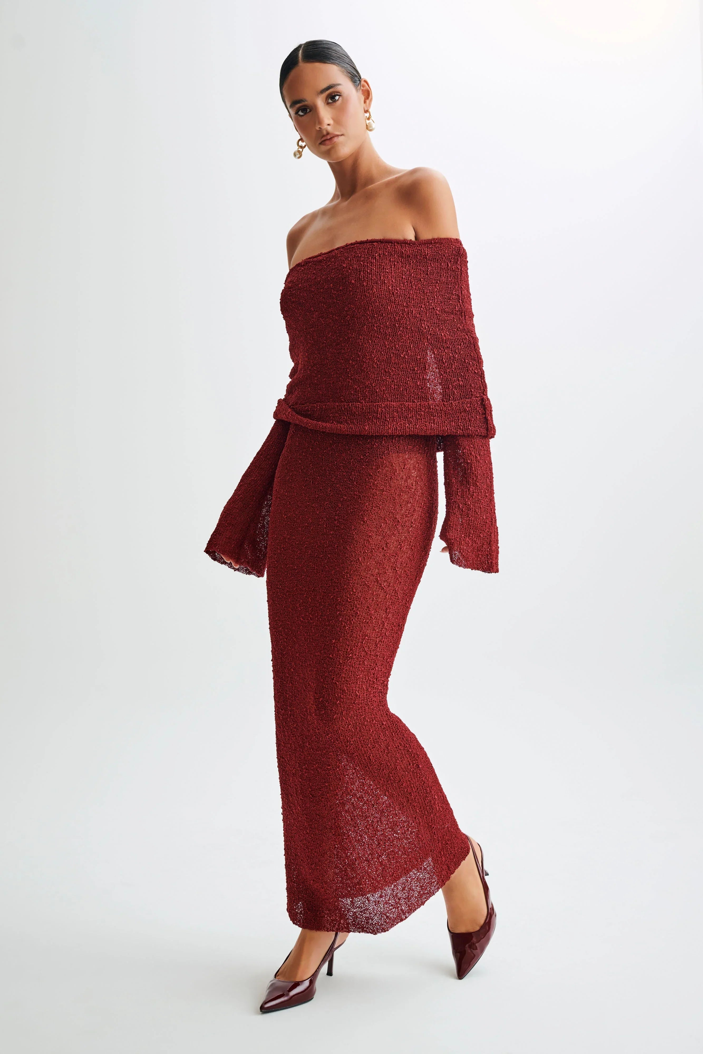 MELISSA | OFF-SHOULDER BOUCLÉ MAXIKJOLE