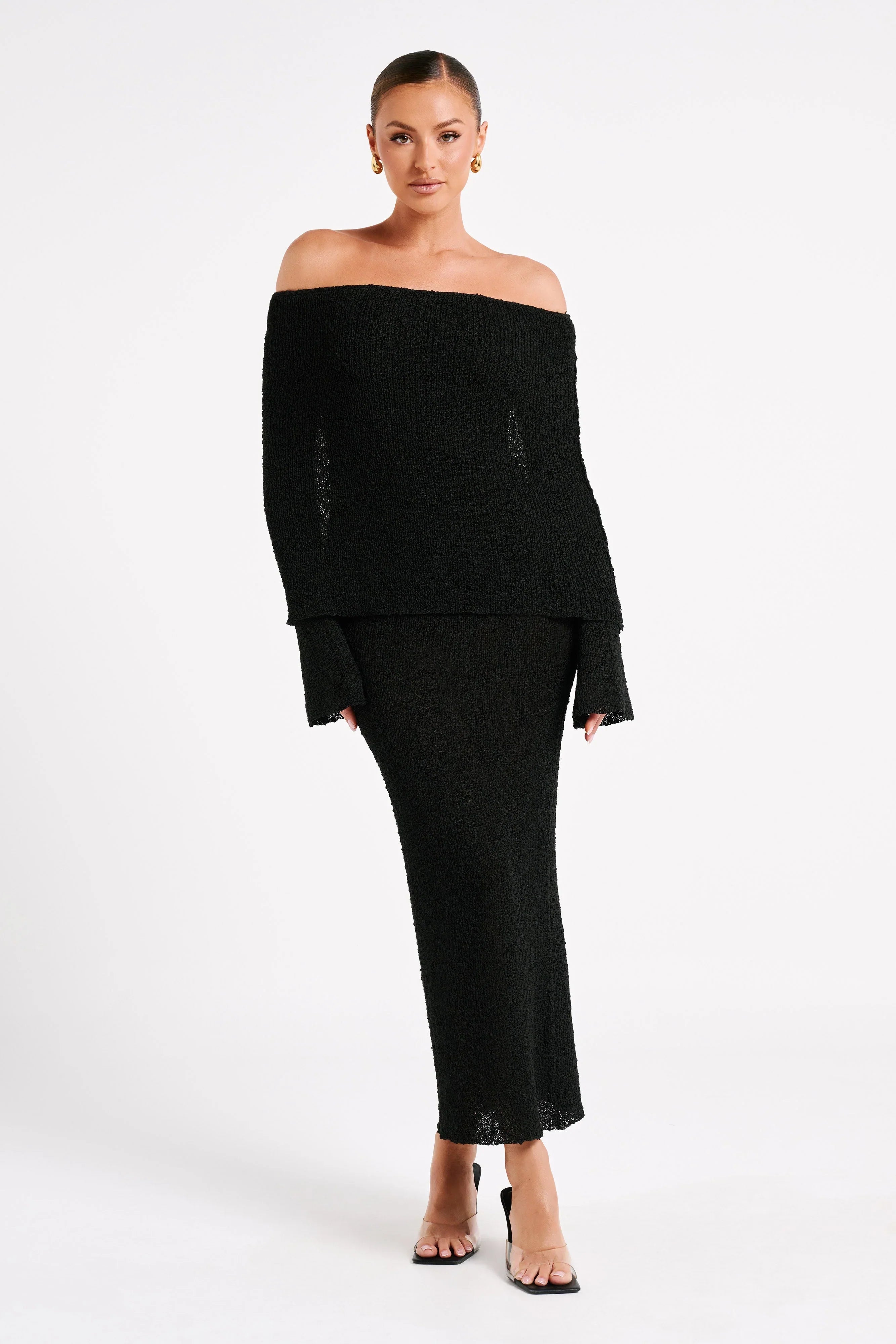 MELISSA | OFF-SHOULDER BOUCLÉ MAXIKJOLE