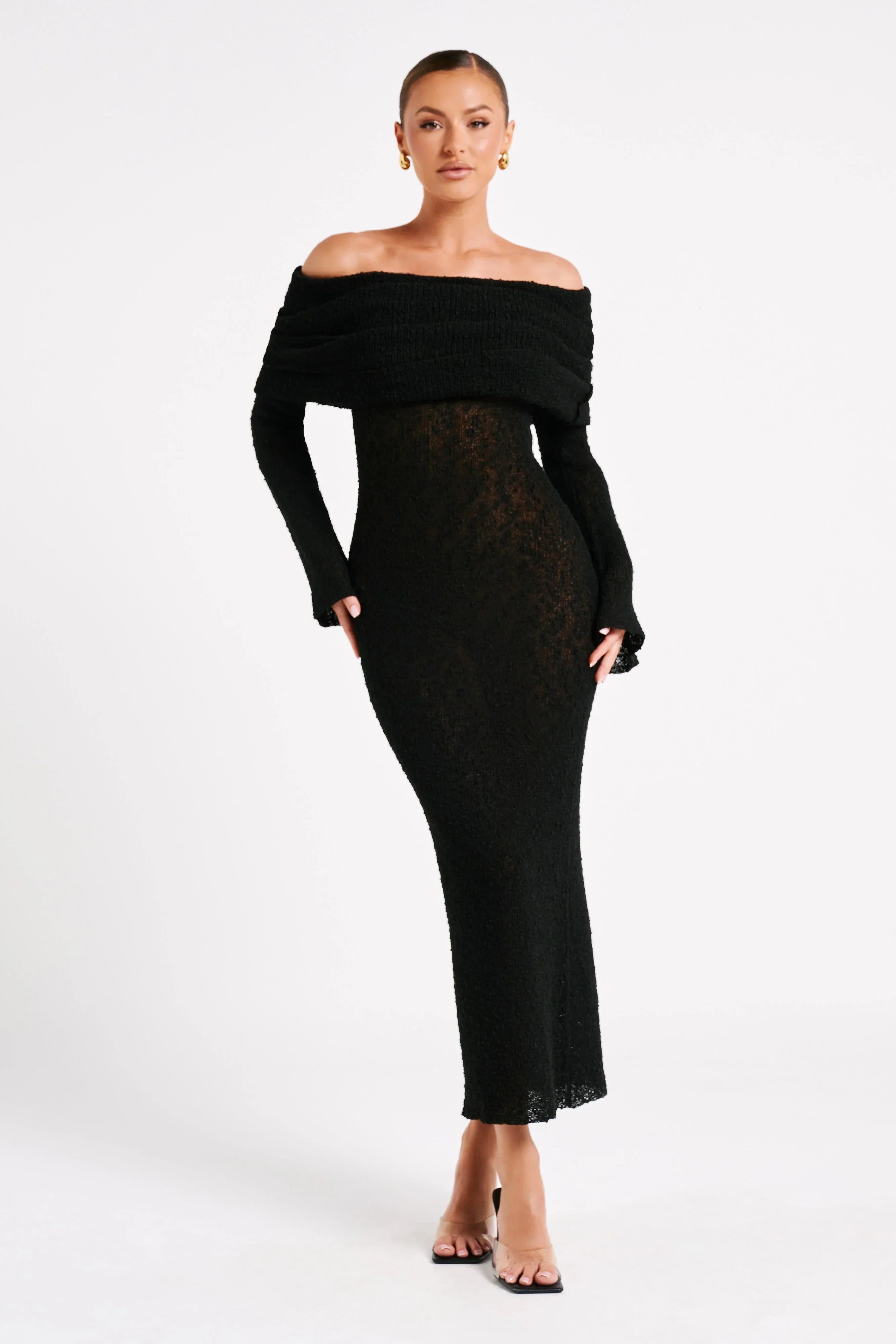 MELISSA | OFF-SHOULDER BOUCLÉ MAXIKJOLE
